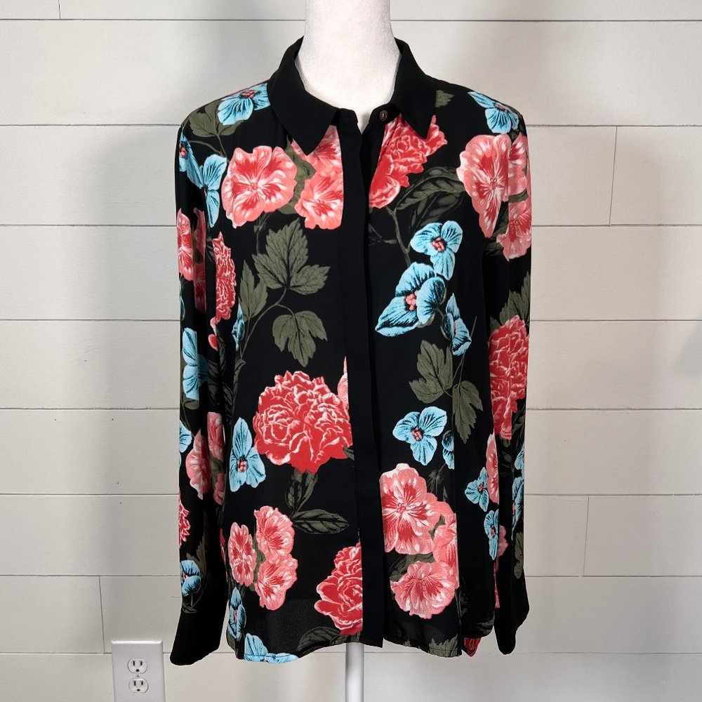 CeCe Black Pink & Blue Floral Semi Sheer Long Sleeve Blouse Size M